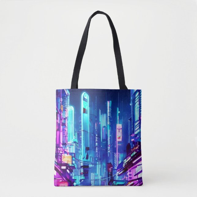 Tote Bag Cyberpunk Futuristic Neon City (Devant)