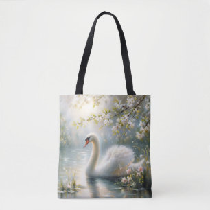 Tote Bag Cygne sur le lac  Art floral de printemps