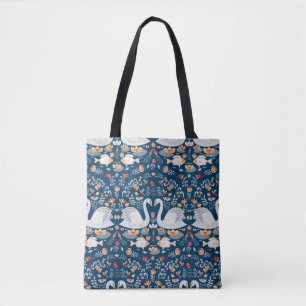 Tote Bag Cygnes, poissons, fleurs sur un arrière - plan bl