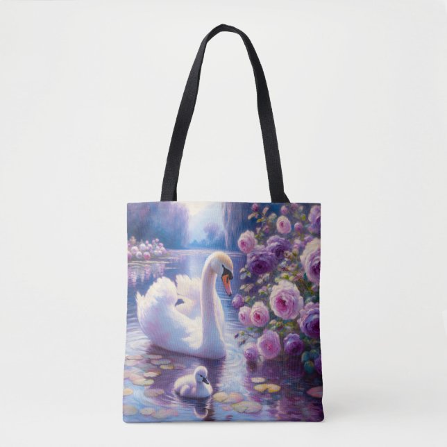 Tote Bag Cygnet blanc avec Roses violets (Devant)