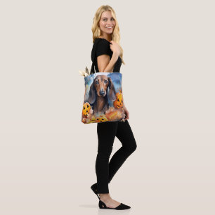 Tote Bag Dachshund Halloween avec citrouilles effrayant
