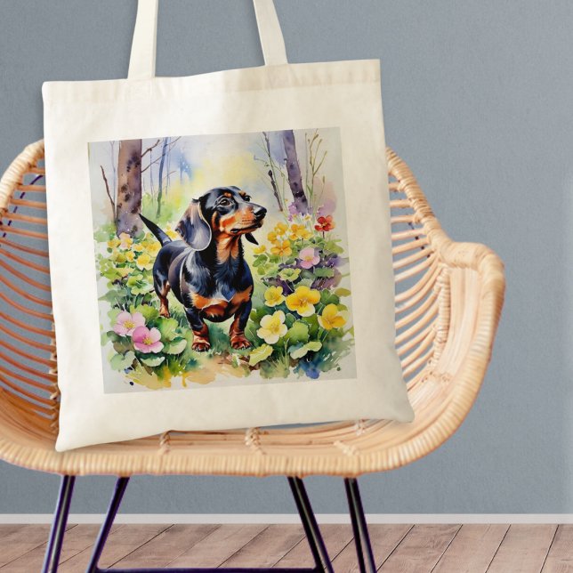 Tote Bag Dachshund Saucage Chien Bois Primrose Fleurs (A tote bag with picture of an adorable dachshund walking in woodland with colorful primrose flowers)