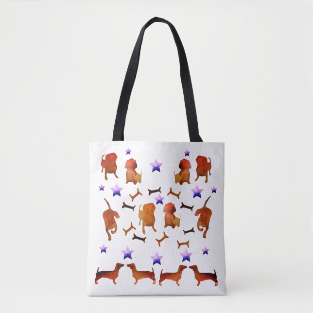 Tote Bag Dachshunds, étoiles et os de chien Aquarelle (Devant)