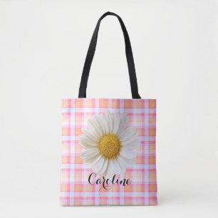 Tote Bag Daisy et nom personnalisé sur Motif rose plaid Fou