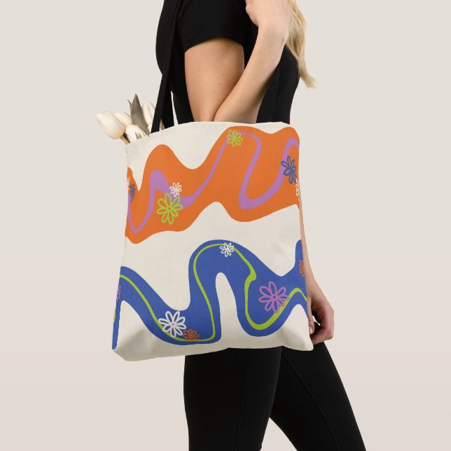 Tote Bag Daisy Groove Bleu, orange, violet, vert et crème (De près)