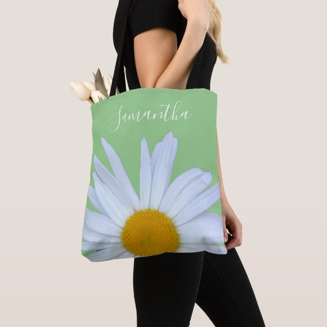 Tote Bag Daisy Photo Green Elegant White Script (De près)