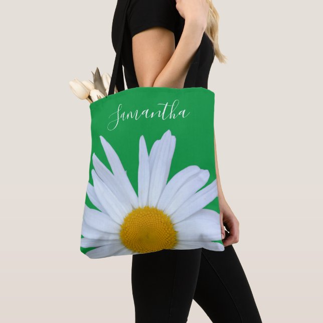 Tote Bag Daisy Photo Kelly Green Elegant White Script (De près)