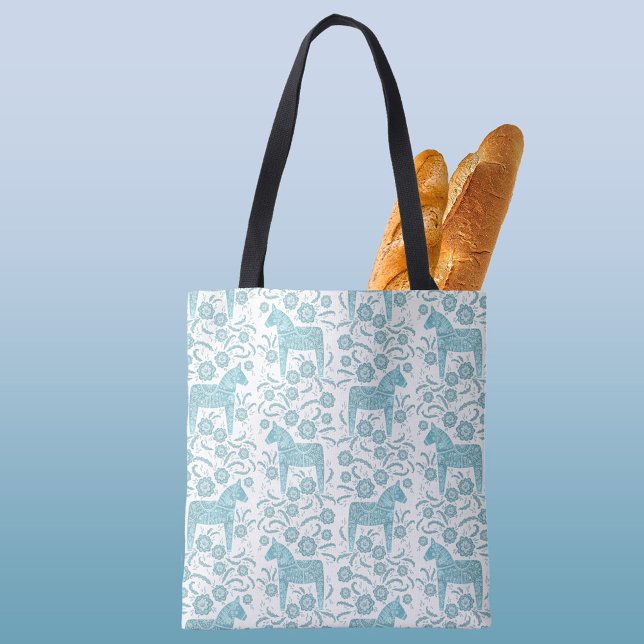 Tote Bag Dala suédois Cheval traditionnel Folk Art Turquois (Swedish Dala Horse folk art teal green and white pattern tote bag)