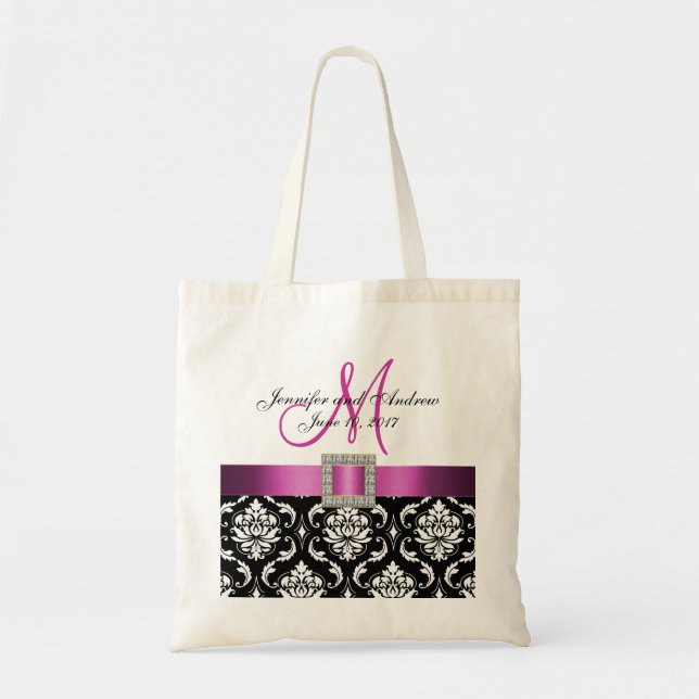 Tote Bag Damassé rose et noire personnalisée épousant le (Devant)