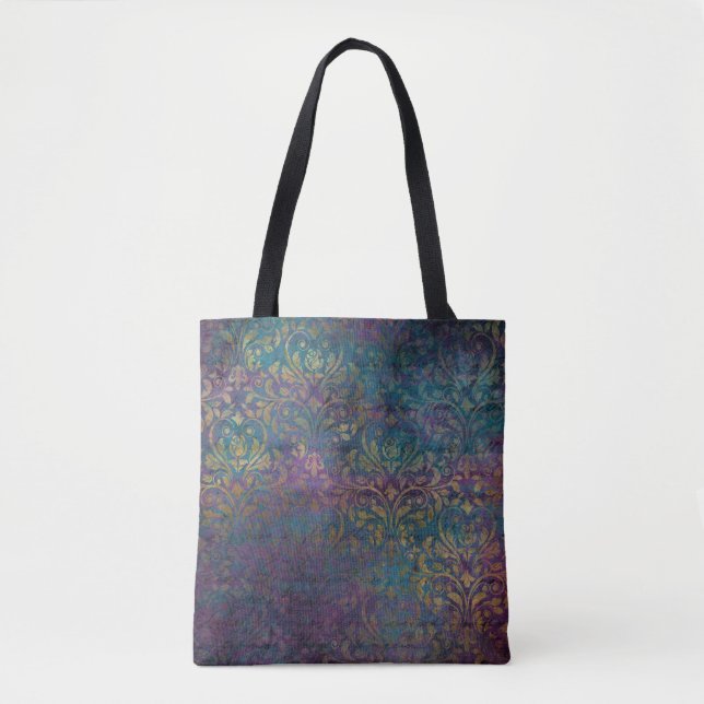 Tote Bag Damassé Teal rose pourpre d'or (Devant)