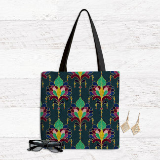 Tote Bag Dark Teal and Gold Art Deco Floral Ornament