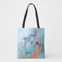Dauphin aquarelle mignon & jardin de fleurs sauvag
