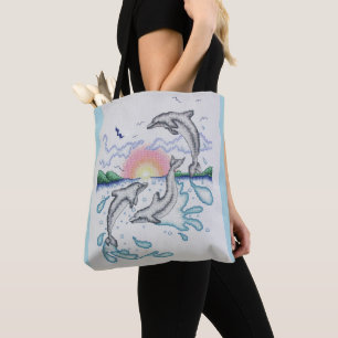 Tote Bag Dauphins Jouer Sunrise Ocean Beach Sunset