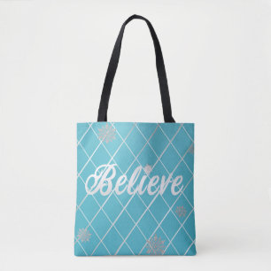 Tote Bag Dazzling Believe Light Blue and Silver À damiers