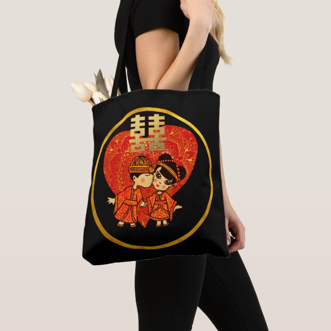 Tote Bag Décor cadeau Mariage chinois - Cute COUPLE (De près)