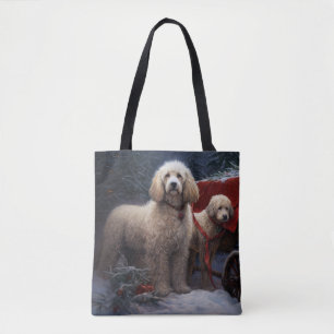 Tote Bag Décor de Noël au traîneau enneigé pour Caniche