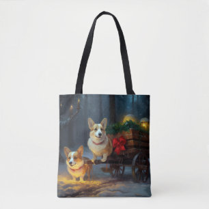 Tote Bag Décor de Noël Corgi Snowy Sleigh