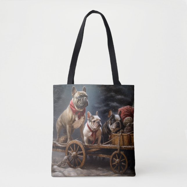 Tote Bag Décor de Noël de Bulldog Snowy Sleigh (Devant)