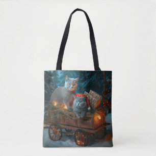 Tote Bag Décor de Noël russe Blue Cat Snowy Sleigh