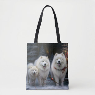 Tote Bag Décor de Noël Samoyed Snowy Sleigh