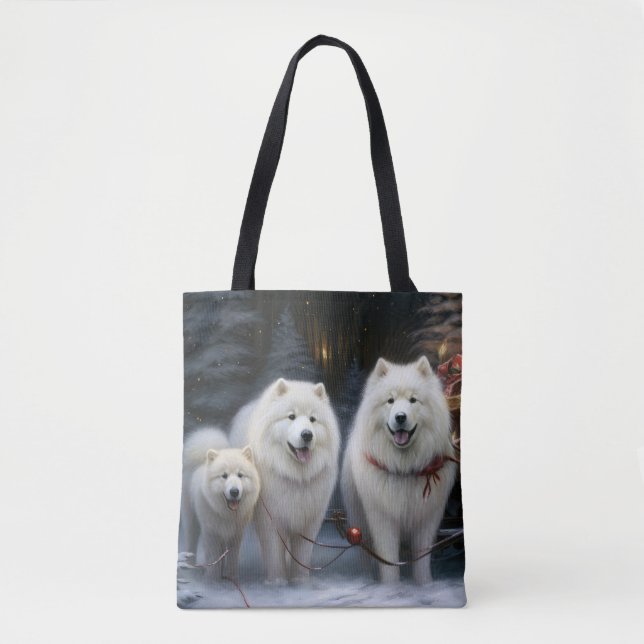 Tote Bag Décor de Noël Samoyed Snowy Sleigh (Devant)