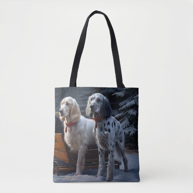 Tote Bag Décor de Noël Snowy Sleigh Setter anglais (Devant)