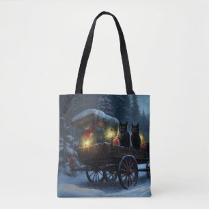 Tote Bag Décor de Noël Traîneau enneigé avec chat noir