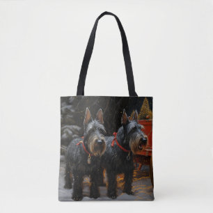 Tote Bag Décoration de Noël Traîneau enneigé Terrier Écossa