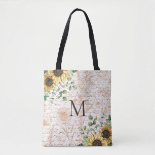Tote Bag Découpage de tournesol rustique Vintage monogramme