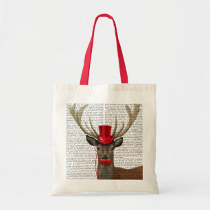 Tote Bag Deer with Red Top Hat and Moustache