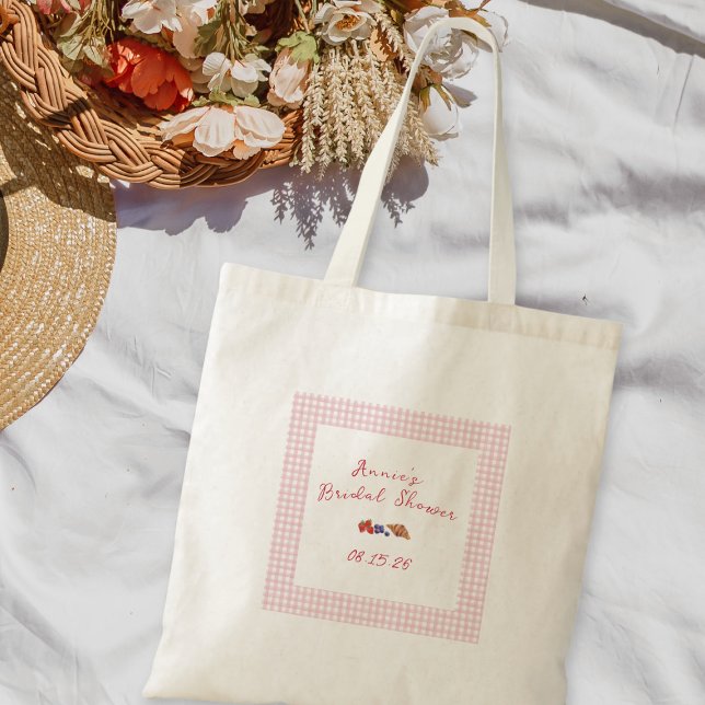 Tote Bag Déjeuner Estival Élégant à Carreaux Mariage Rose (Créateur téléchargé)
