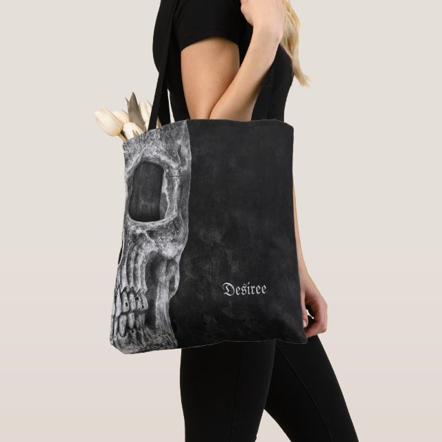 Tote Bag Demi-Crâne gothique Cool noir et blanc Grunge (De près)