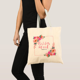 Tote Bag Demoiselle d'honneur Cadre Floral Rose Rustique Aq