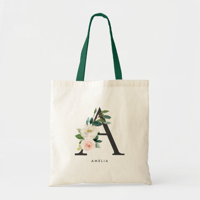 Tote Bag Demoiselle d'honneur en monogramme floral de pivoi (Devant)