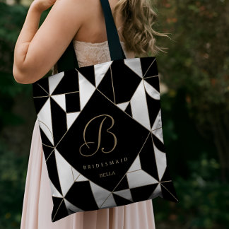 Tote Bag Demoiselle d'honneur en noir, blanc et or géométri