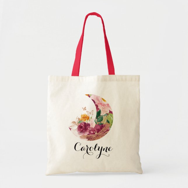 Tote Bag Demoiselle d'honneur Fleurs et Lune aquarelle Boho (Devant)