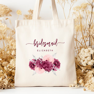 Tote Bag Demoiselle d'honneur Floral Bordeaux Rose Script