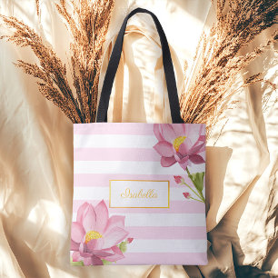 Tote Bag Demoiselle d'honneur florale de Lotus d'or rose