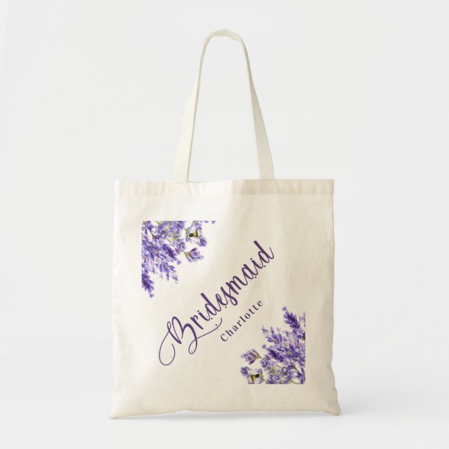 Tote Bag Demoiselle d'honneur florales lavande violet écrit (Devant)