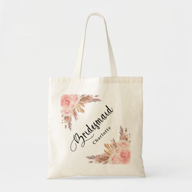Tote Bag Demoiselle d'honneur Herbe de pampa rose or floral (Devant)