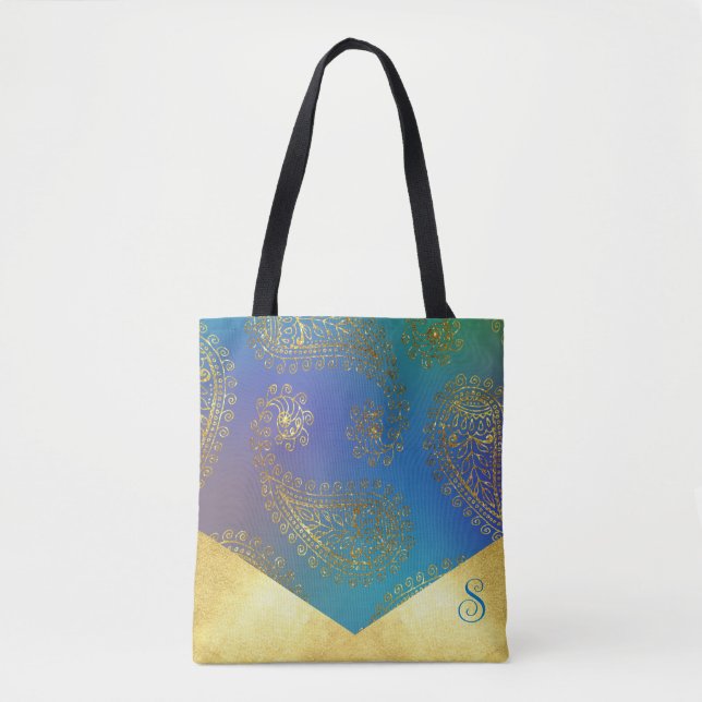 Tote Bag Demoiselle d'honneur Monogramme Turquoise et Or Mé (Devant)