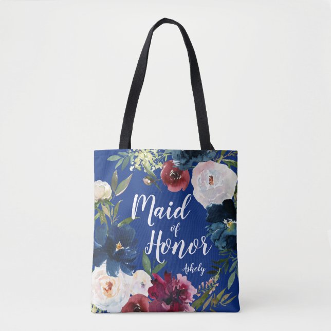 Tote Bag Demoiselle d'honneur Navy Burgundy Couronne Fleuri (Devant)