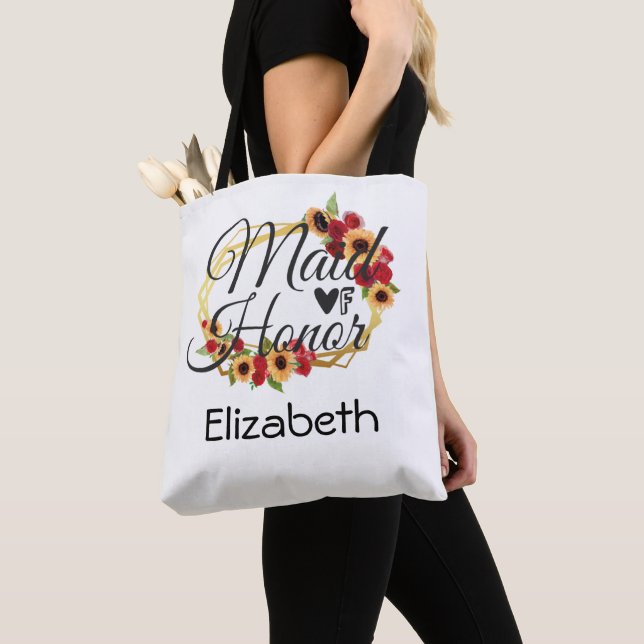 Tote Bag Demoiselle d'honneur Tournesols Roses Cadre Or Bri (De près)