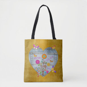 Tote Bag Denim Pocket Fleurs cardiaques Papillons