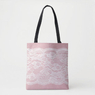 Tote Bag Dentelle blanche sur Pastel Lin rose Texture