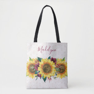 Tote Bag Dentelle de tournesol Aquarelle Bourgogne Floral