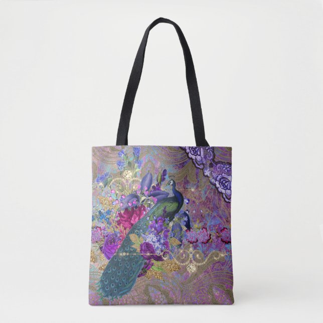 Tote Bag Dentelle fleurie Peacock losange élégant violet tu (Devant)