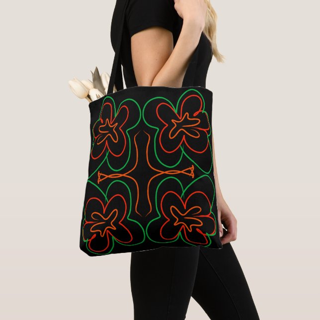Tote Bag Design Abstrait de fleurs vertes et oranges (De près)