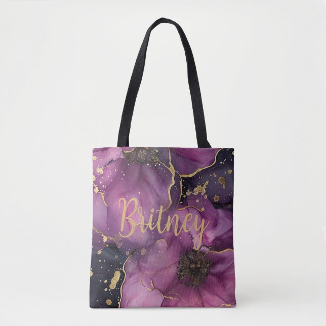 Tote Bag design élégant de fleurs d'aquarelle rose et or (Devant)