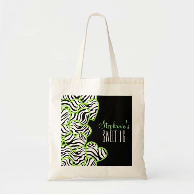 Tote Bag Design élégant Green Sweet 16 Zebra Heart Design N (Devant)
